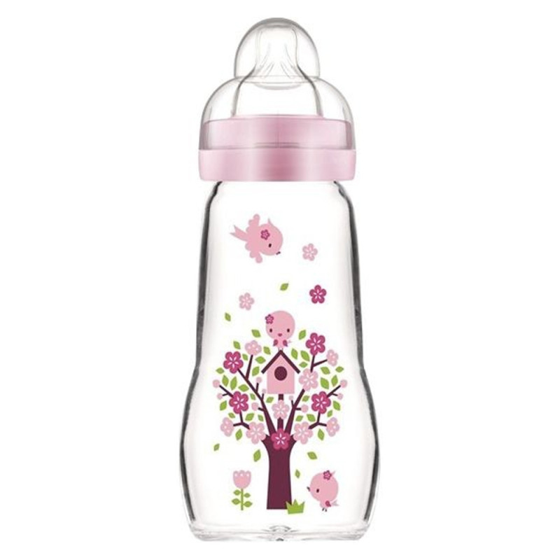 MAM Biberon en verre +2 mois tétine débit 2 Rose 260ml