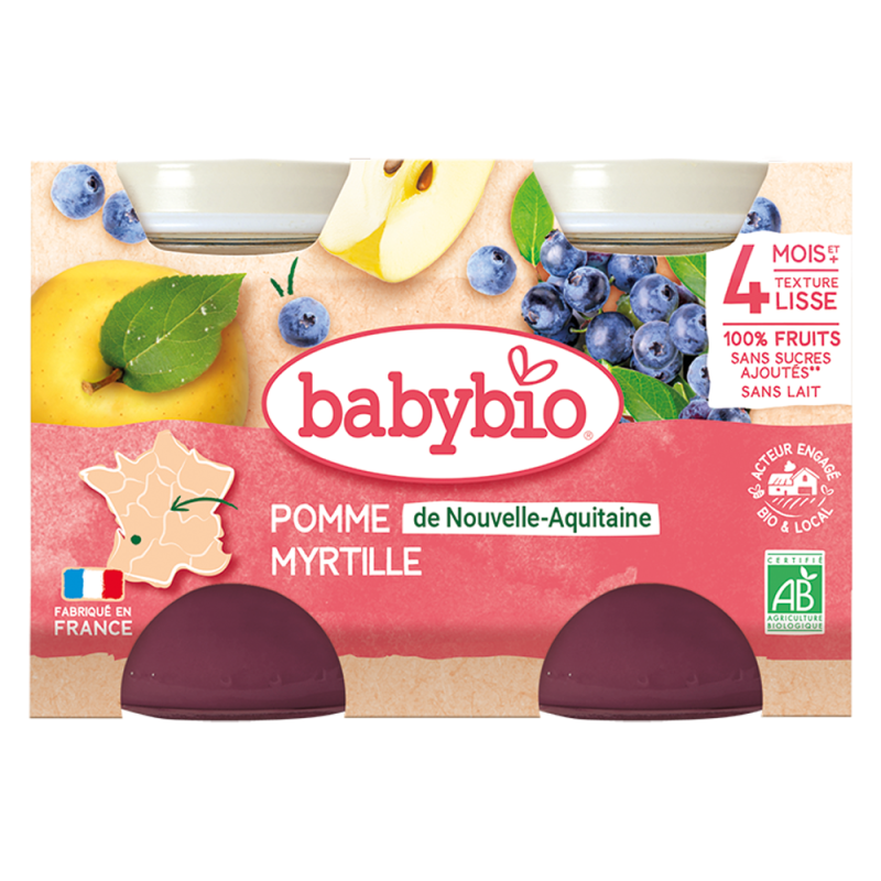 Babybio pomme & myrtille dès 4 mois petits pots 2x130gr Babybio pomme & myrtille dès 4 mois petits pots 2x130gr