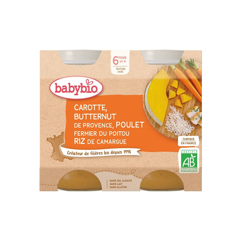 Babybio carotte butternut poulet fermier riz pots de 2x200gr Babybio carotte butternut poulet fermier riz pots de 2x200gr