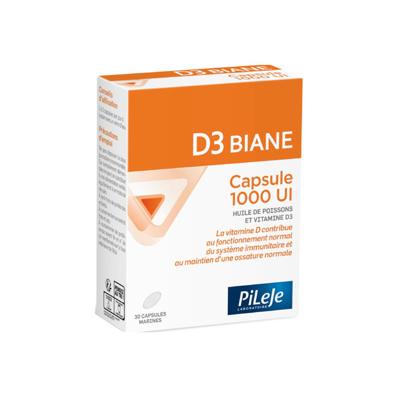 Pileje D3 Biane 1000 UI Vitamine 30 Capsules marines Pileje D3 Biane 1000 UI Vitamine 30 Capsules marines