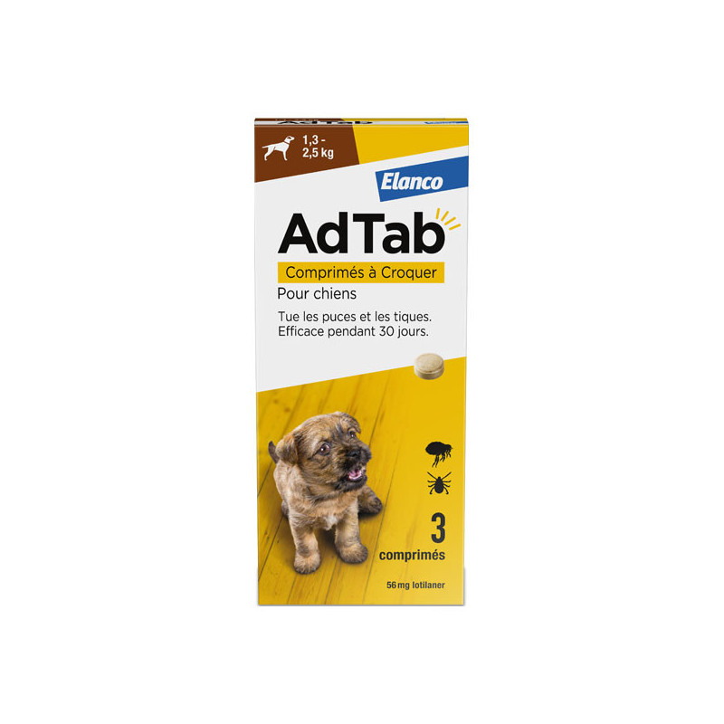 AdTab Antiparasitaire chien 1.3 à 2.5kg 3 Comprimés à croquer AdTab Antiparasitaire chien 1.3 à 2.5kg 3 Comprimés à croquer