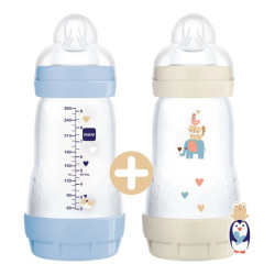 MAM Start Easy Biberon Océan & Sable anti-colique coton débit 2 - 2x260ml + Tétine plate