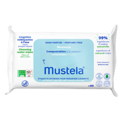 Mustela Lingettes nettoyantes à l'eau compostables sans parfum 60 lingettes