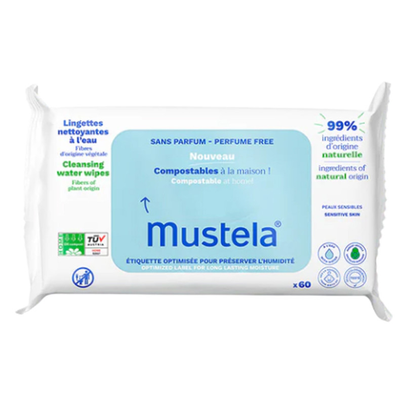 Mustela Lingettes nettoyantes à l'eau compostables sans parfum 60 lingettes