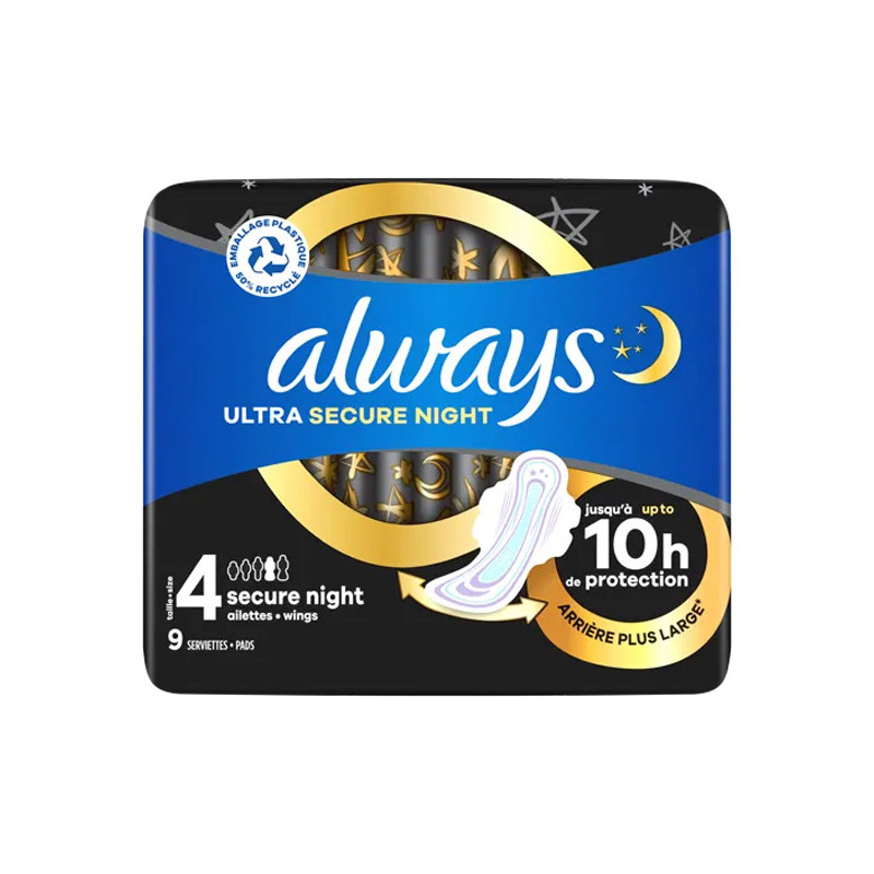 Always Ultra Secure Night taille 4 - 9 serviettes avec ailettes Always Ultra Secure Night taille 4 - 9 serviettes avec ailettes