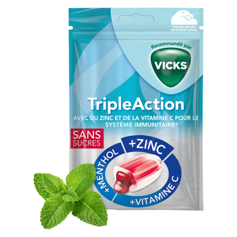 Vicks Triple Action bonbons sans sucre 72gr Vicks Triple Action bonbons sans sucre 72gr