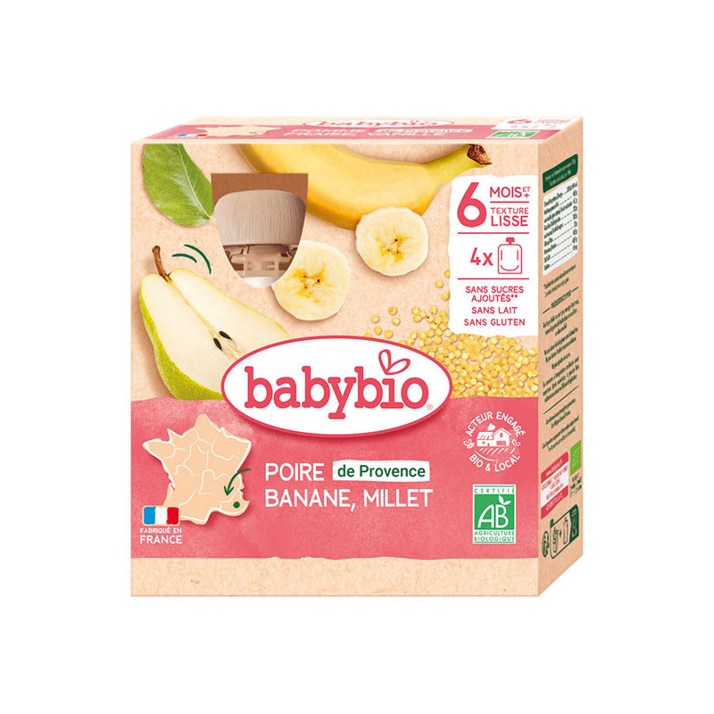 Babybio Poire Banane Millet 6 Mois et + bio 4 gourdes de 90gr