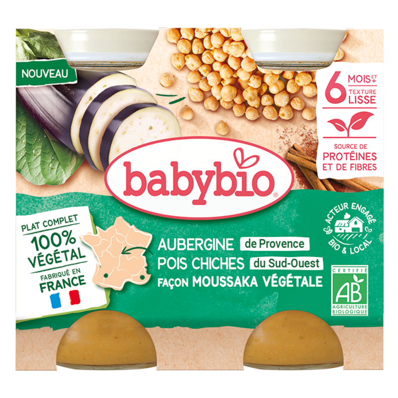 Babybio Aubergine pois chiches façon moussaka végétale 6 mois et+ 2x200gr Babybio Aubergine pois chiches façon moussaka végétale 6 mois et+ 2x200gr