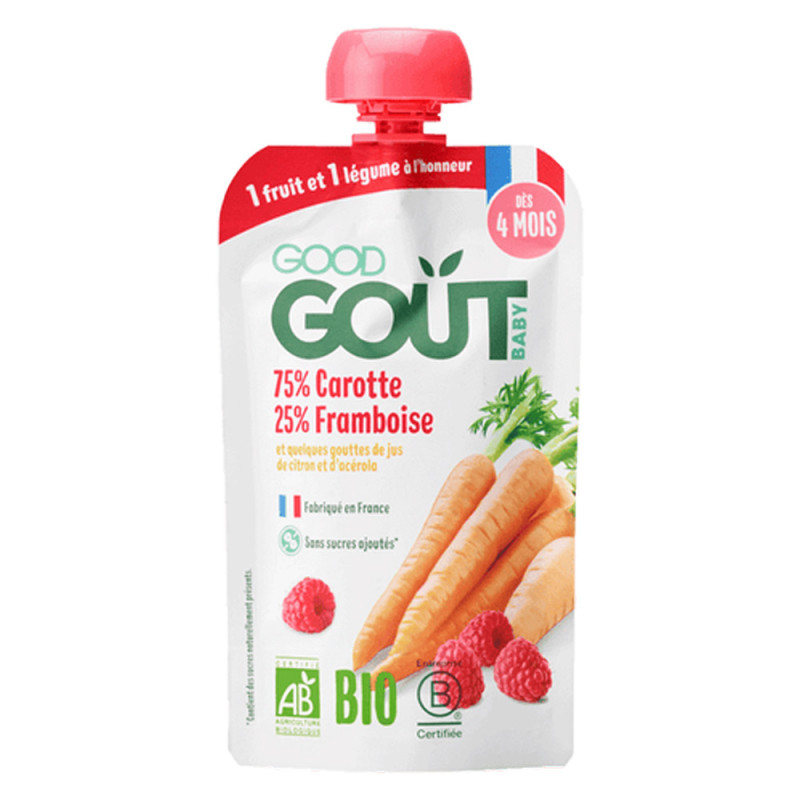 Good Goût Carottes Framboises bio Gourde bébé dès 4 mois 120gr Good Goût Carottes Framboises bio Gourde bébé dès 4 mois 120gr