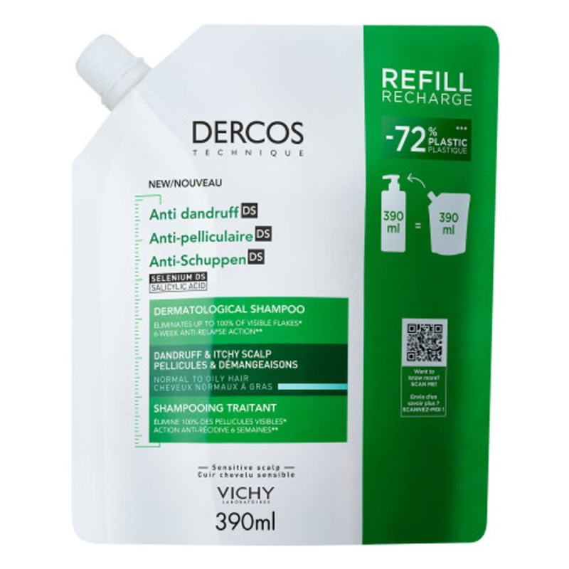 Vichy Dercos Shampooing éco-recharge anti-pelliculaire cheveux normaux à gras 390ml
