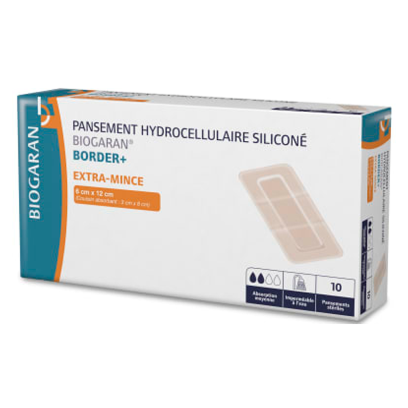 Biogaran Border+ Pansement hydrocellulaire siliconé 6cmx12cm boîte de 10 Biogaran Border+ Pansement hydrocellulaire siliconé 6cmx12cm boîte de 10