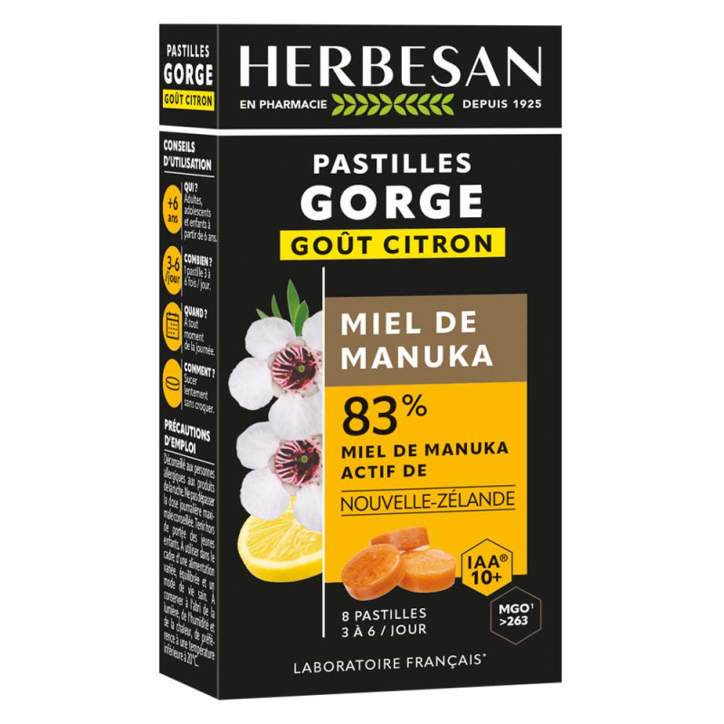 Herbesan Pastilles Gorge Miel de Manuka IAA 10+ Citron 8 pastilles