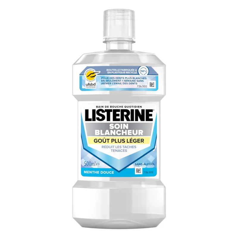 Listerine Soin blancheur Bain de bouche quotidien goût plus léger sans alcool 500ml