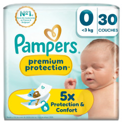 Pampers Premium Protection – Taille 0 (moins de 3 kg) – Paquet de 30 couches