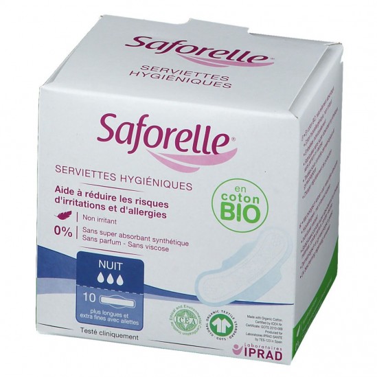 Saforelle serviettes hygiéniques coton bio nuit boite de 10 Saforelle serviettes hygiéniques coton bio nuit boite de 10