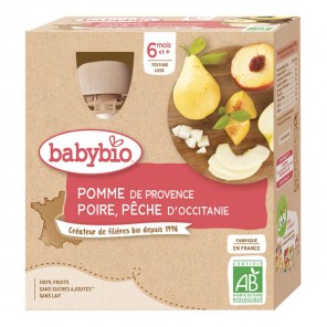 Babybio Pomme Poire Pêche dès 6 mois pack de 4 gourdes x 90gr